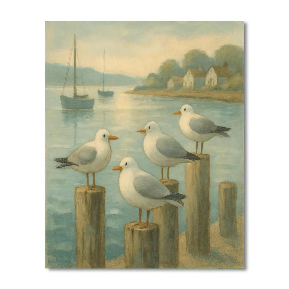 Harbor Morning Gulls And Boats Paint by numbers art