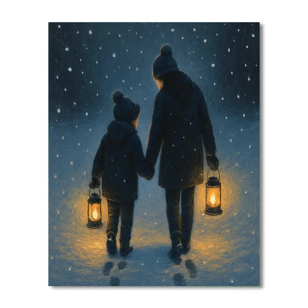 Snowy Lantern Walk With Mom Painting by numbers kit