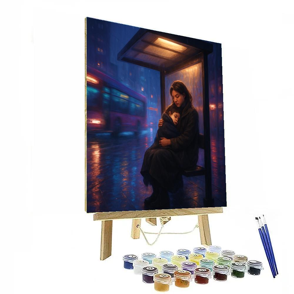 City Night Bus Stop With Mom Painting by numbers kit