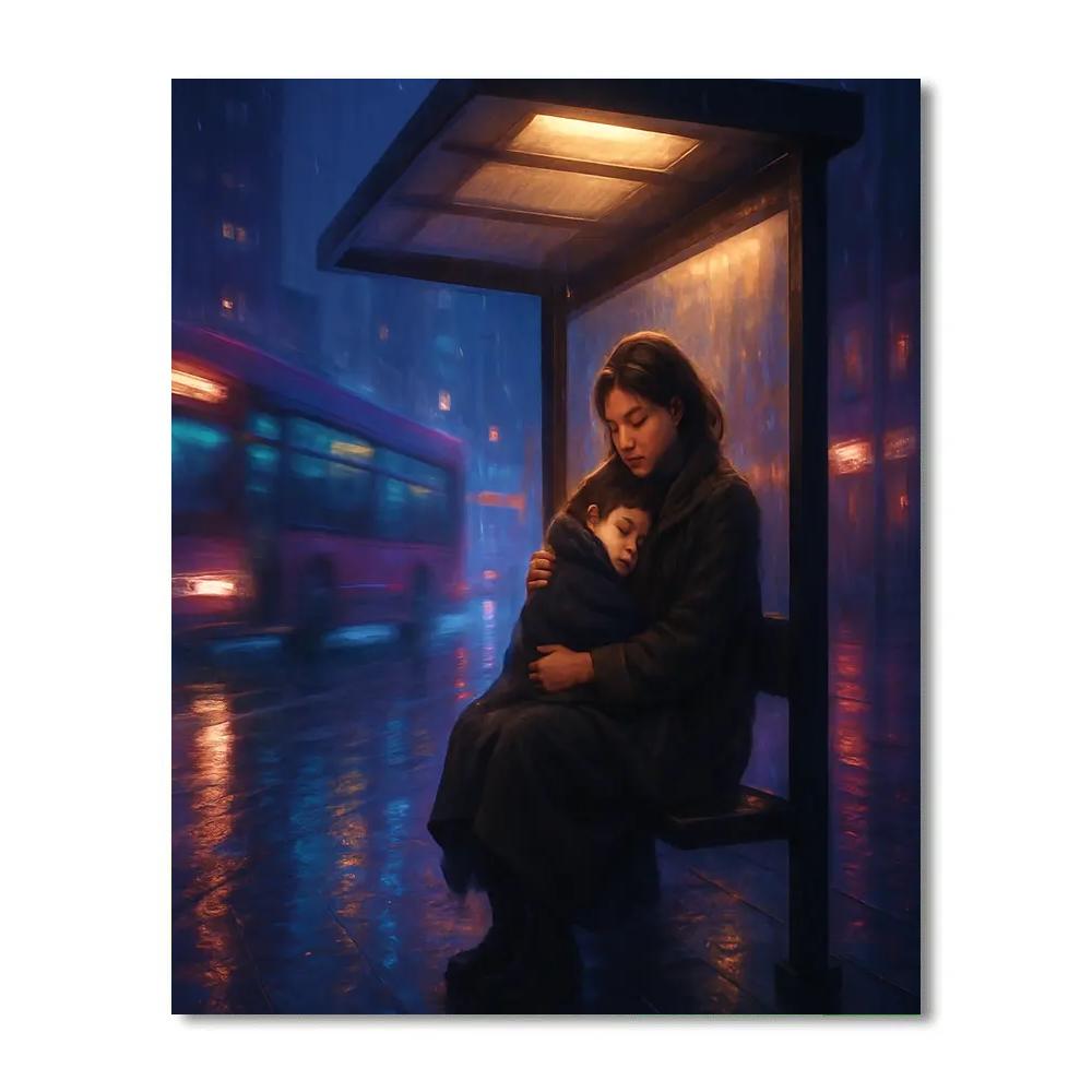 City Night Bus Stop With Mom Painting by numbers kit