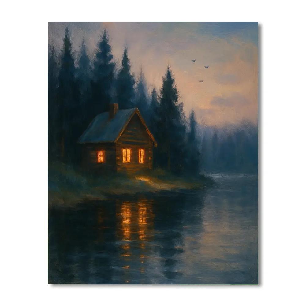 Cabin Glow Over Quiet Silver Lake paint by numbers