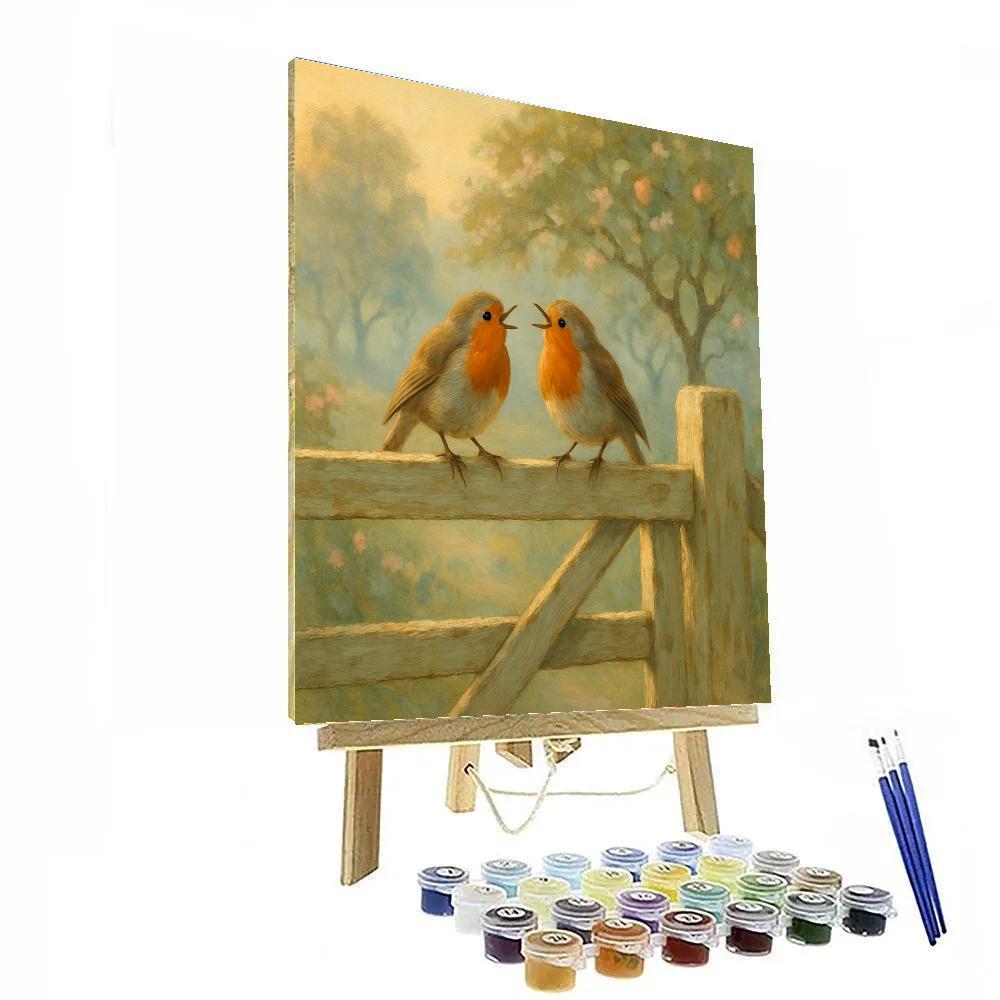 Morning Robins By The Misty Orchard Gate Painting by numbers kit