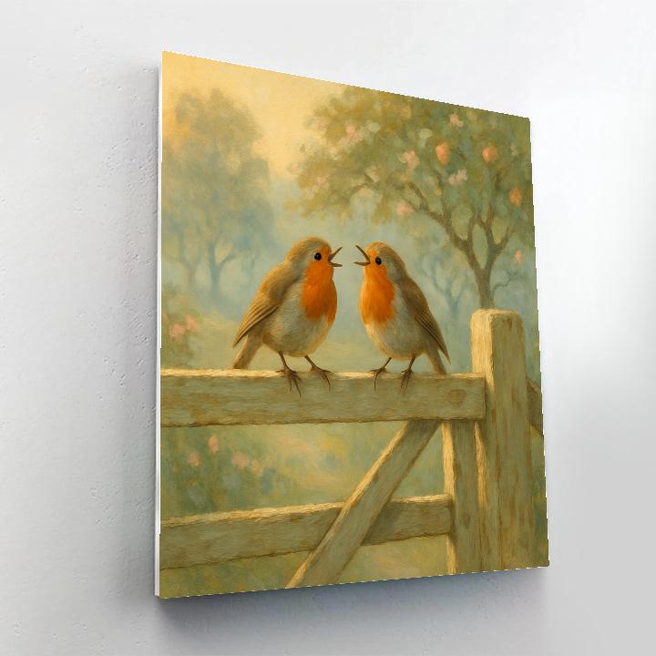Morning Robins By The Misty Orchard Gate Painting by numbers kit