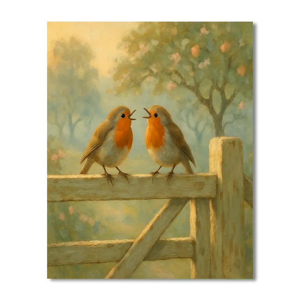 Morning Robins By The Misty Orchard Gate Painting by numbers kit