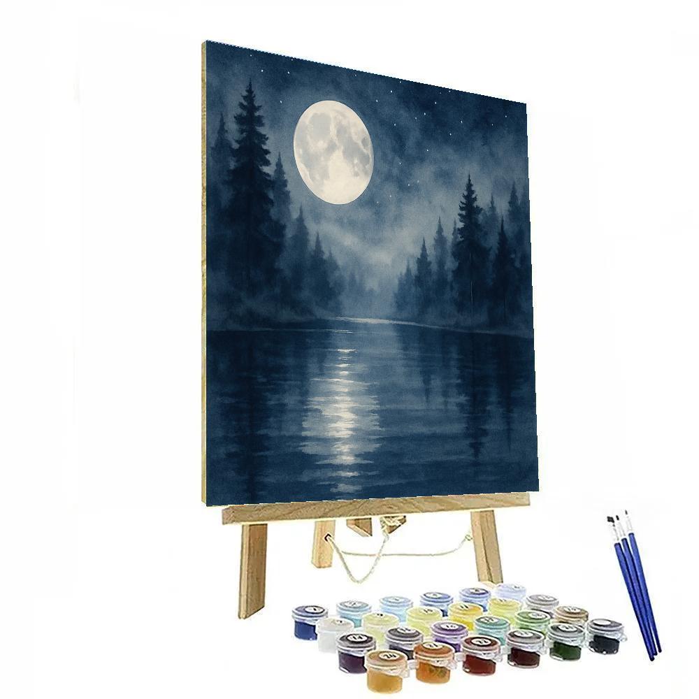 Moonlit Pines Over Misty Glass Lake painting number kit