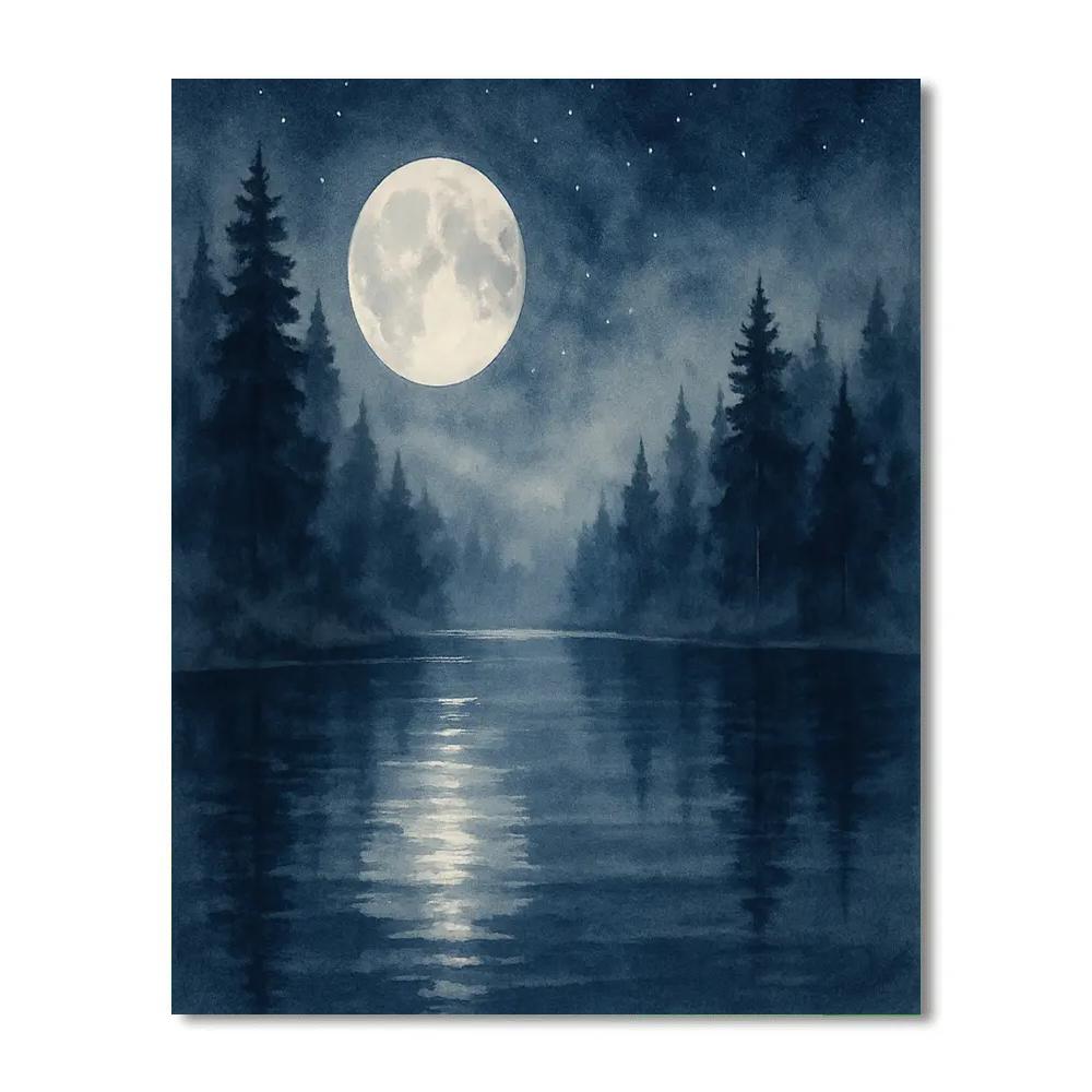 Moonlit Pines Over Misty Glass Lake painting number kit