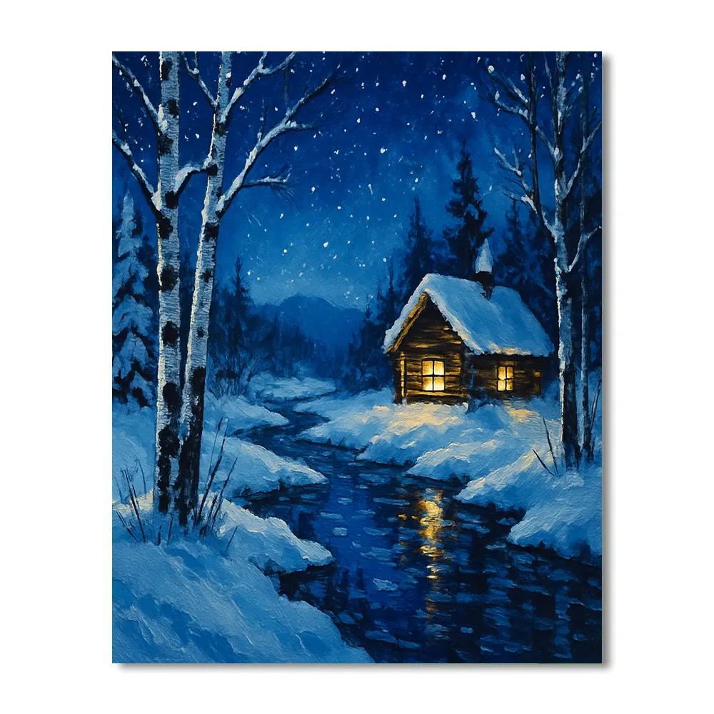 Starlit Cabin By The Frozen Creek DIY paint by numbers