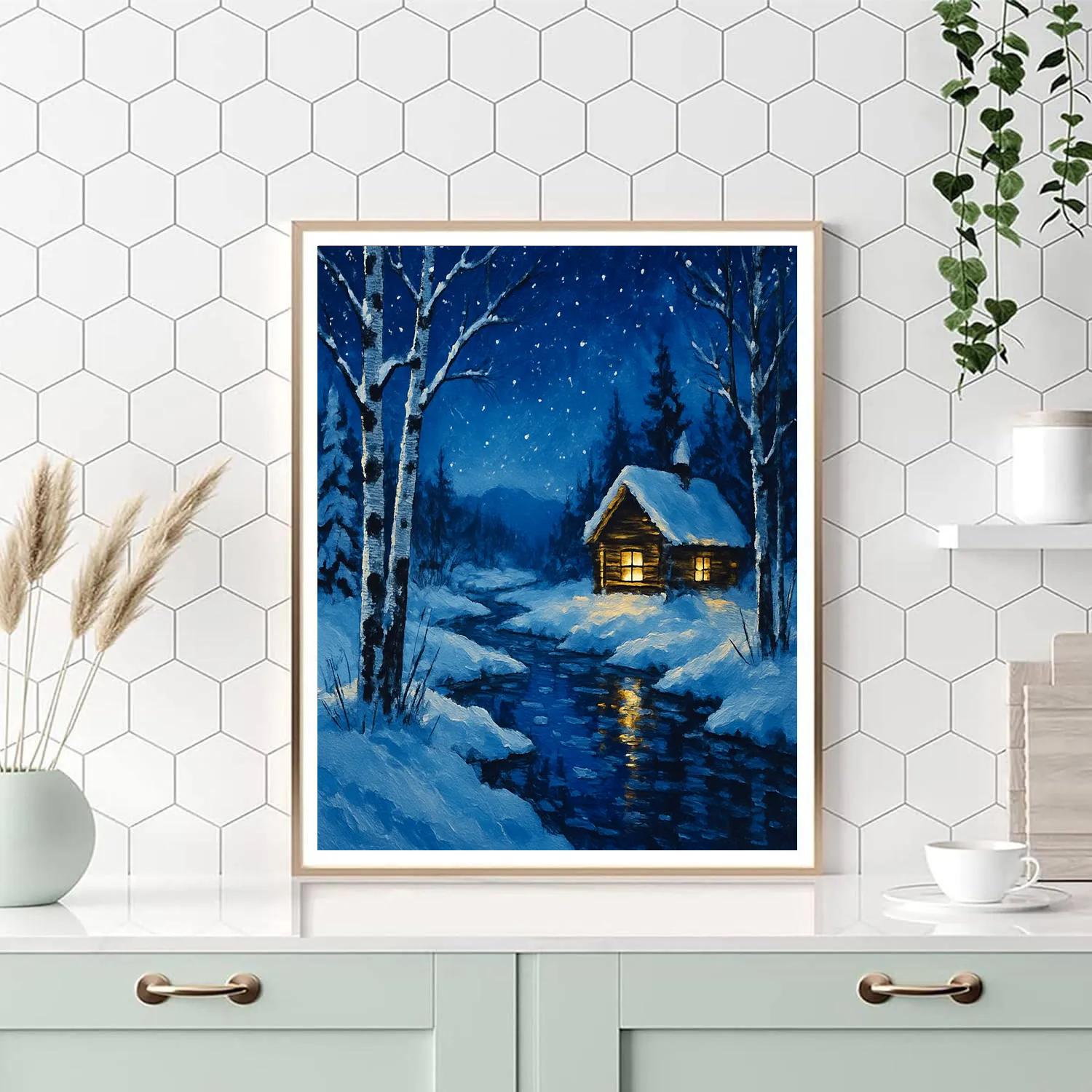 Starlit Cabin By The Frozen Creek DIY paint by numbers