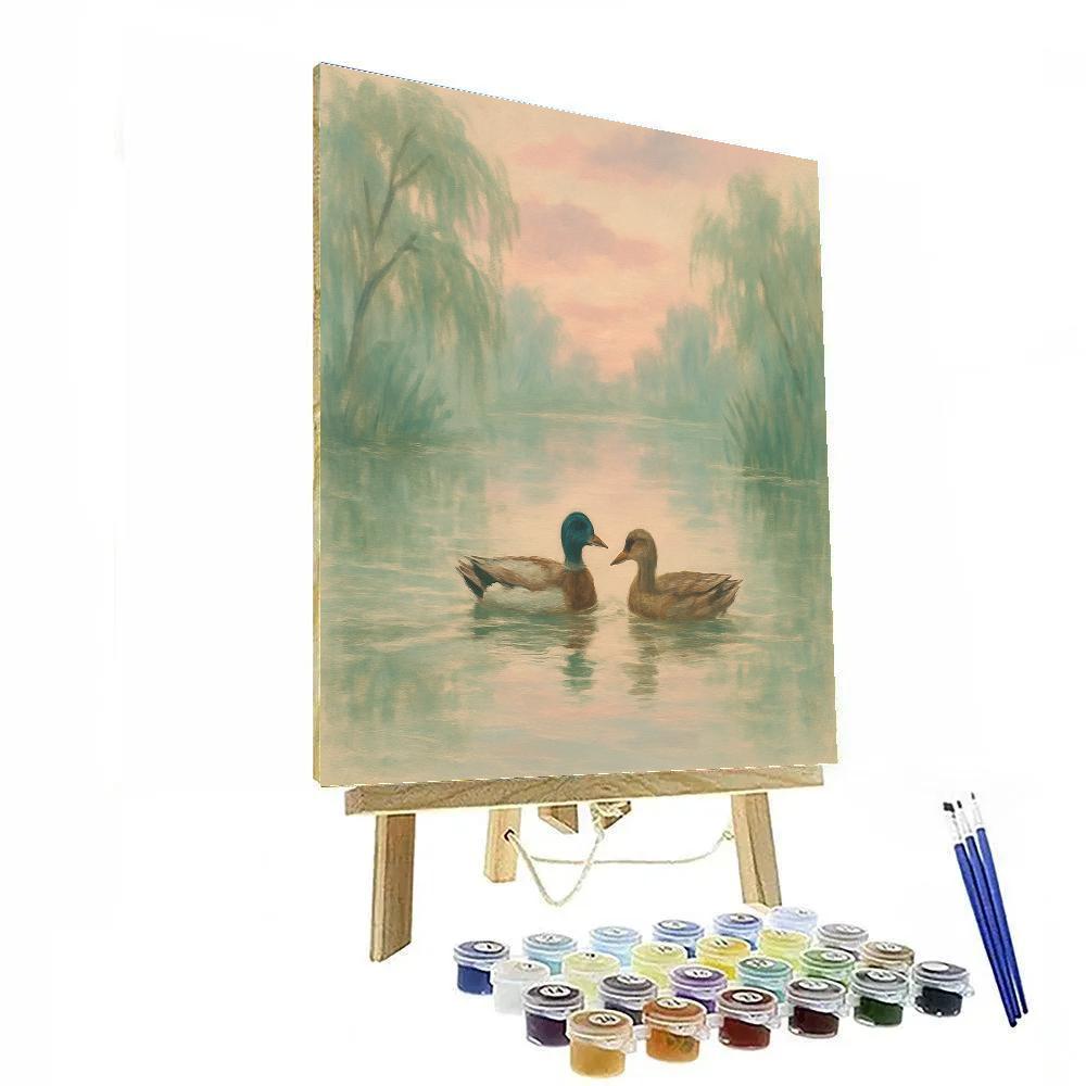 Spring Ducks On Pastel Dawn Pond paint by color