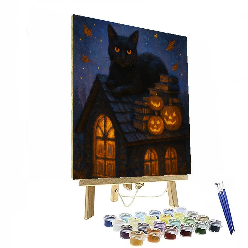 Black Cat Moonlit Library Roof paint by number