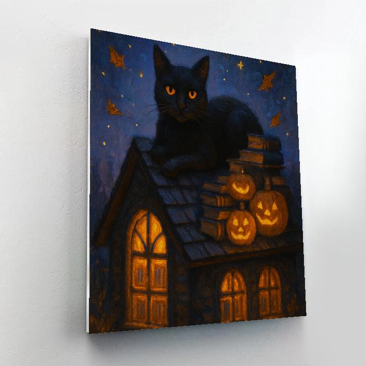 Black Cat Moonlit Library Roof paint by number