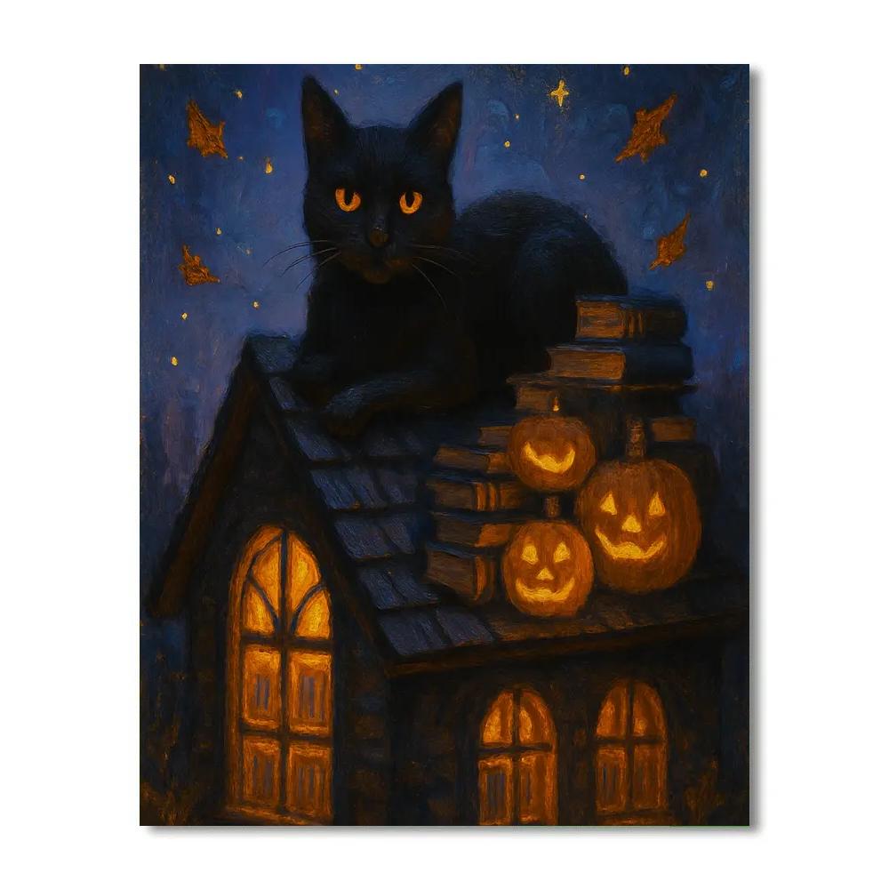 Black Cat Moonlit Library Roof paint by number