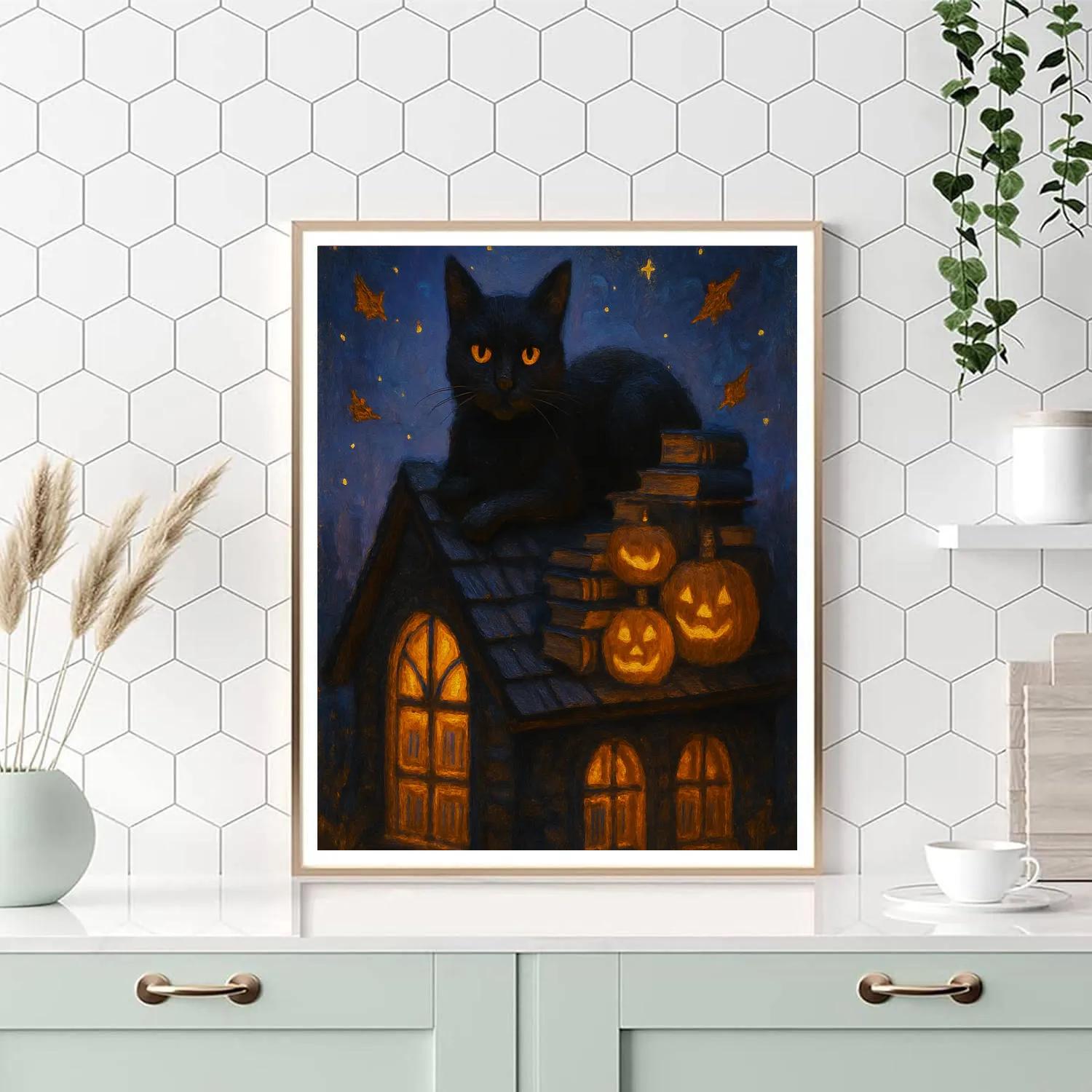 Black Cat Moonlit Library Roof paint by number