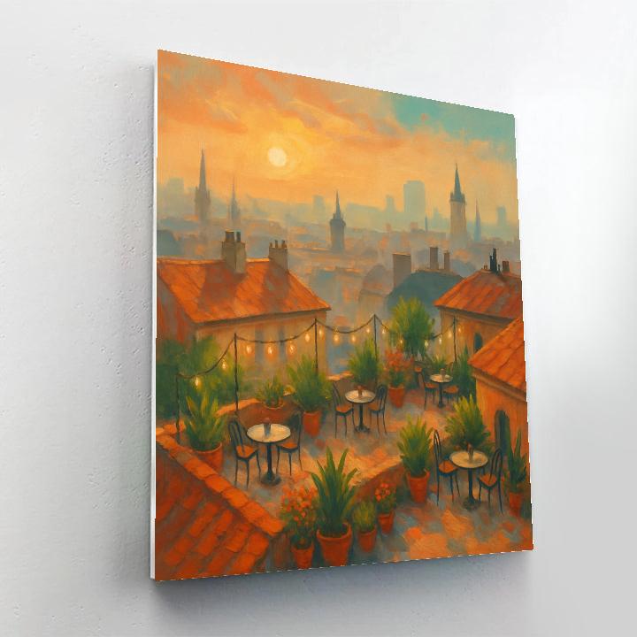 Sunrise Over Rooftop Garden Cafes paint by color