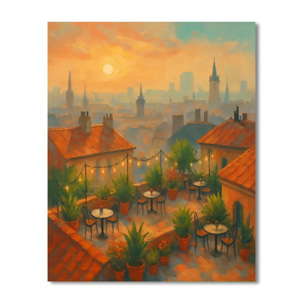 Sunrise Over Rooftop Garden Cafes paint by color