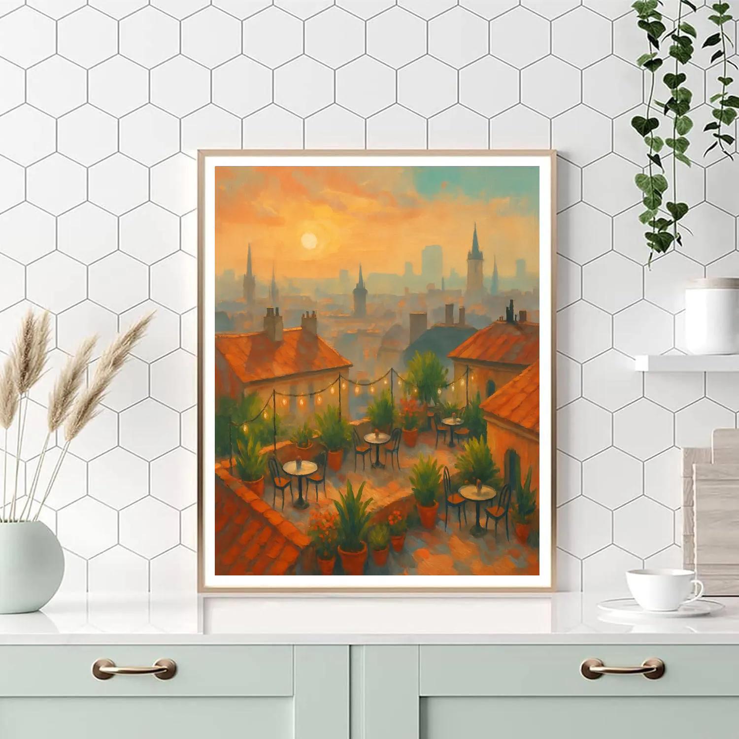Sunrise Over Rooftop Garden Cafes paint by color