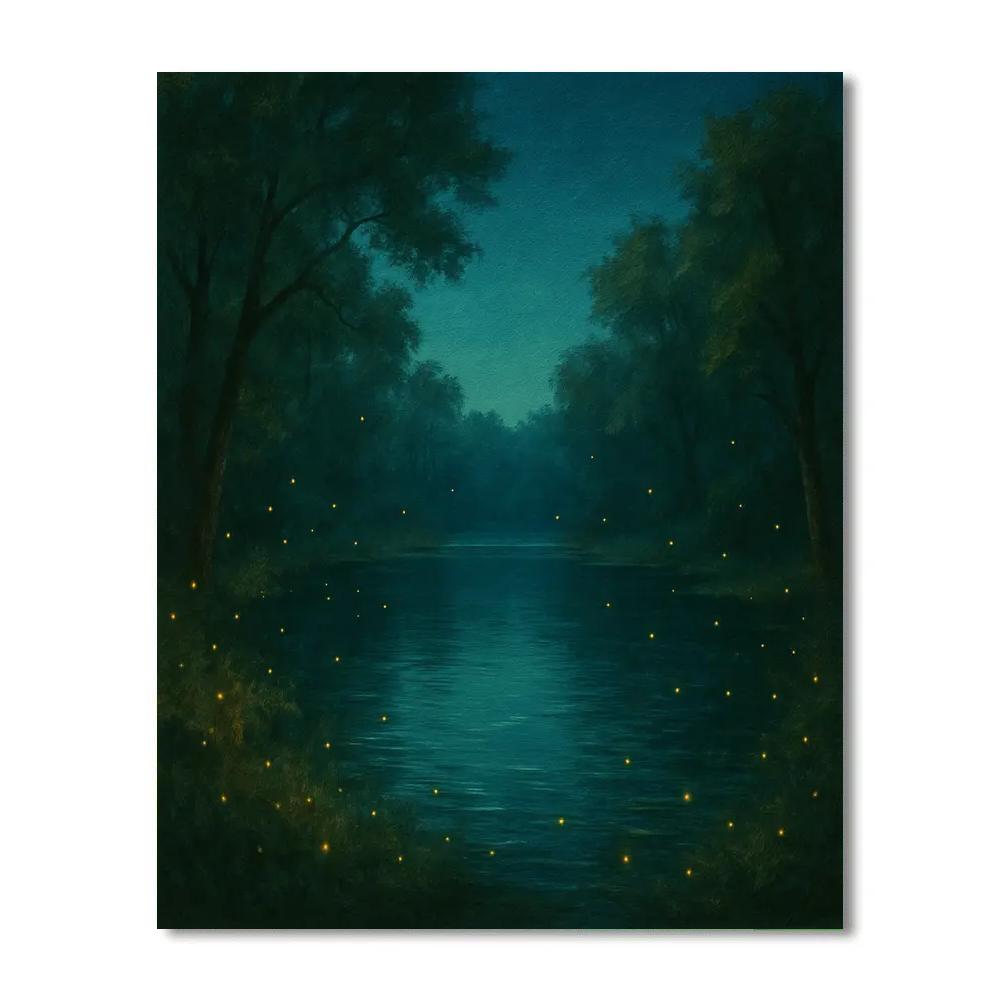 Hidden Forest Lake With Fireflies paint by color