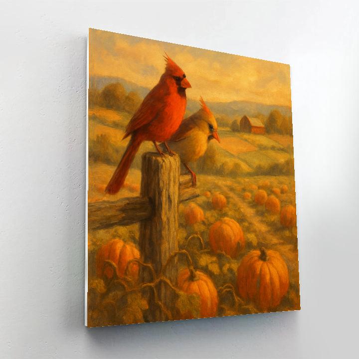 Cardinals In The Patchwork Pumpkin Field Paint by numbers art