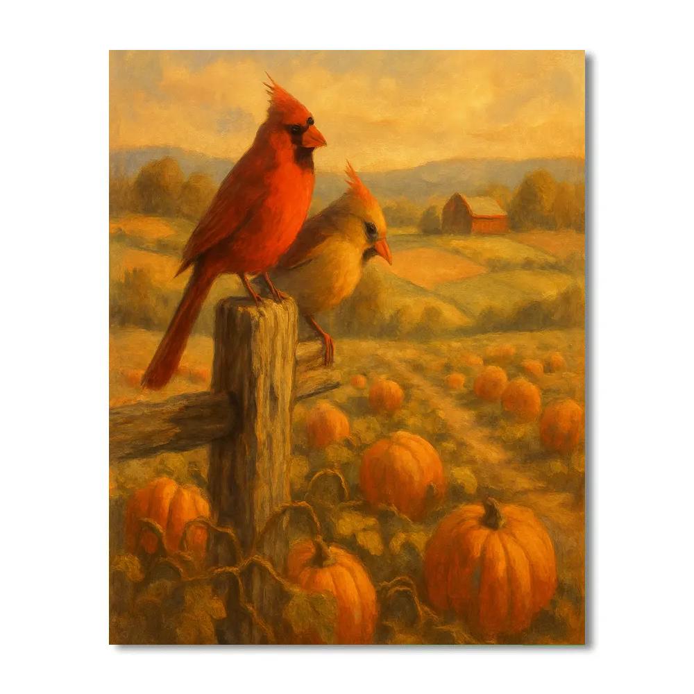 Cardinals In The Patchwork Pumpkin Field Paint by numbers art