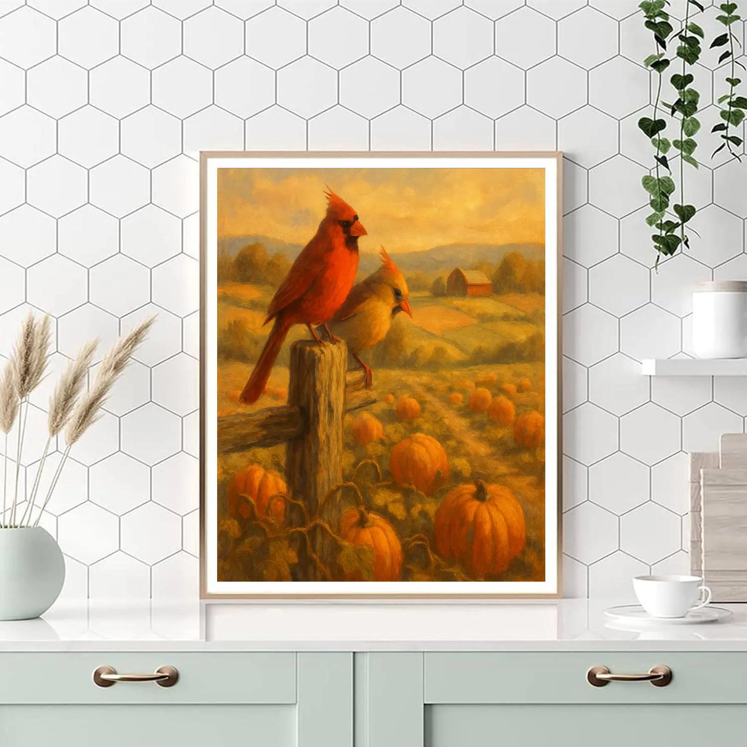 Cardinals In The Patchwork Pumpkin Field Paint by numbers art