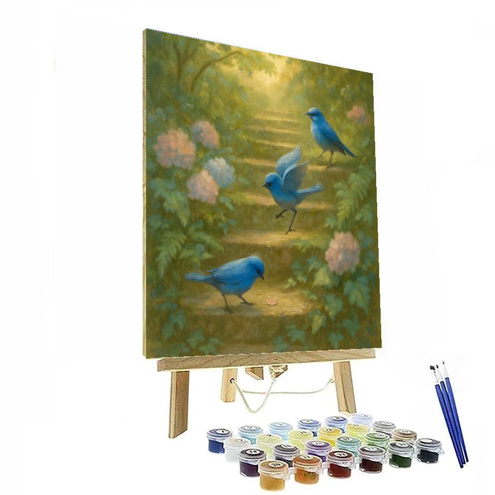 Bluebirds On The Mossy Stone Stairway painting number kit