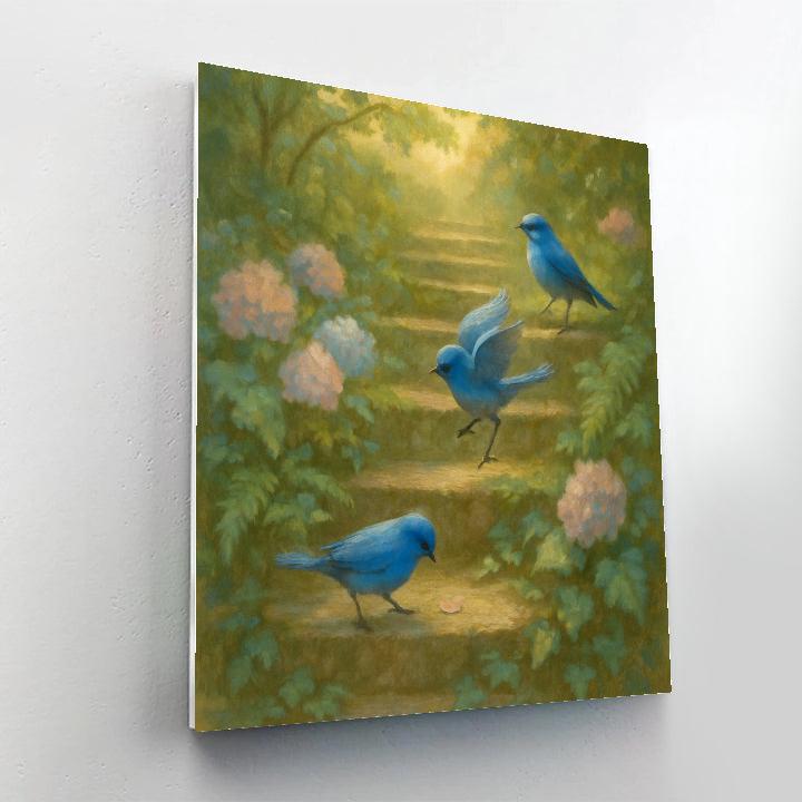 Bluebirds On The Mossy Stone Stairway painting number kit