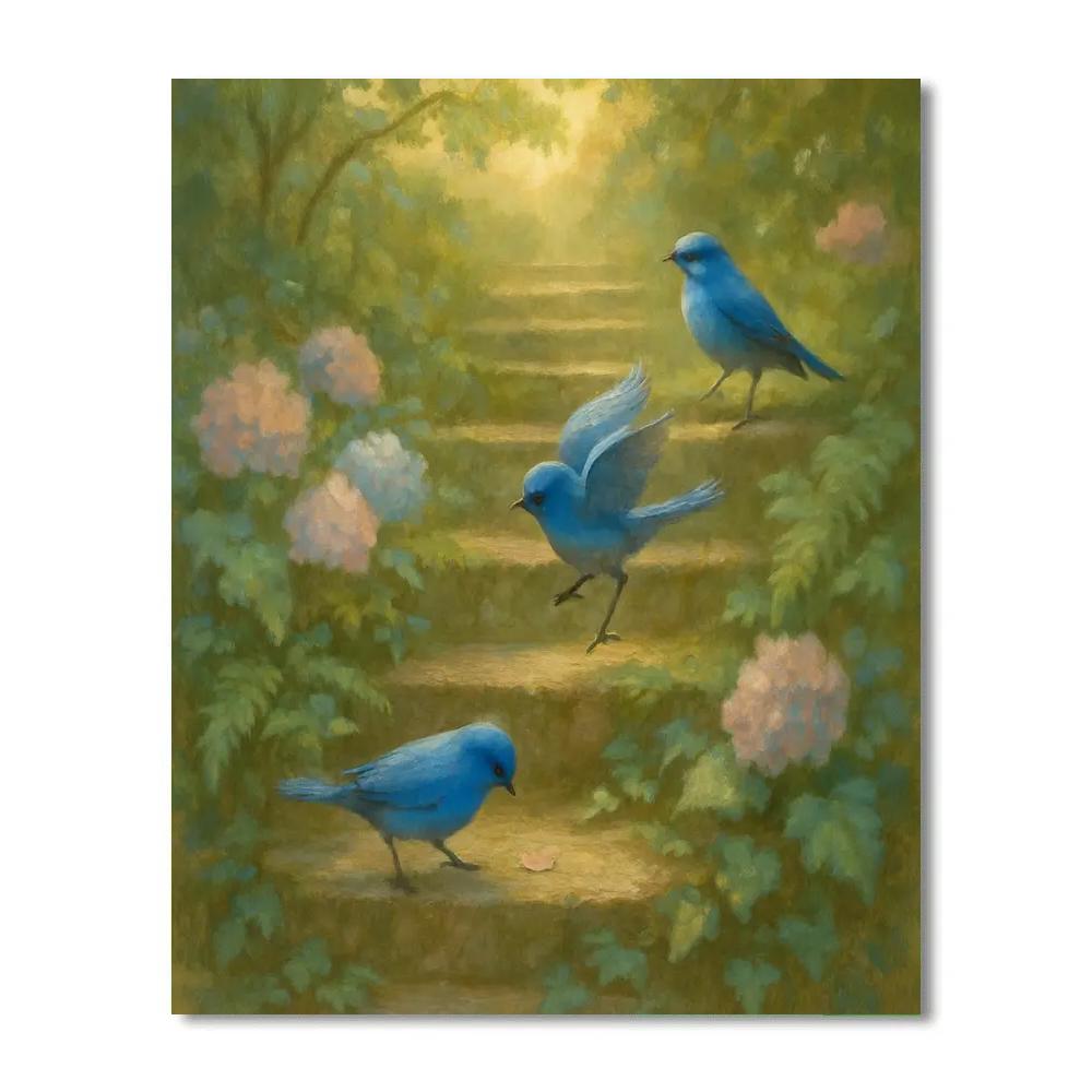 Bluebirds On The Mossy Stone Stairway painting number kit