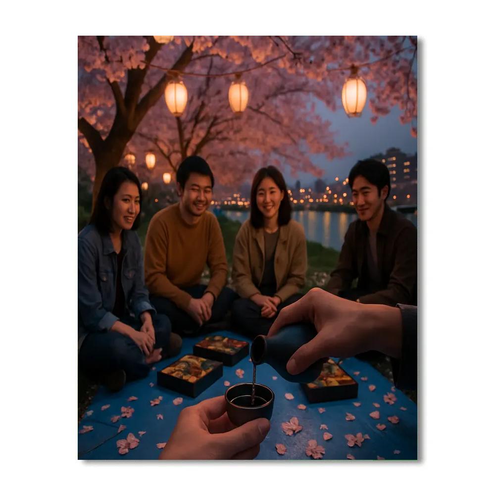 Hanami Evening Picnic Under Cherry Blossoms DIY paint by numbers