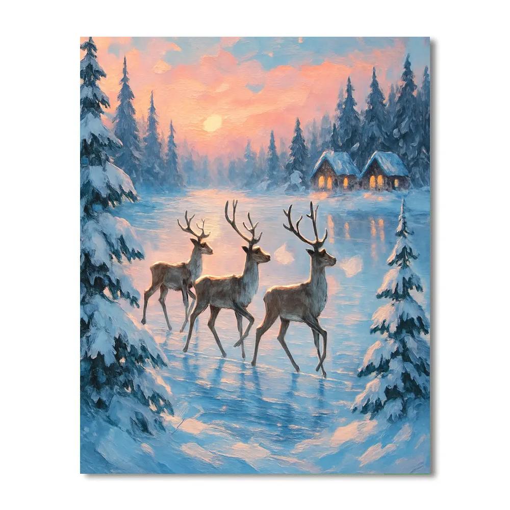 Reindeer Crossing The Frozen Lake Painting by numbers kit