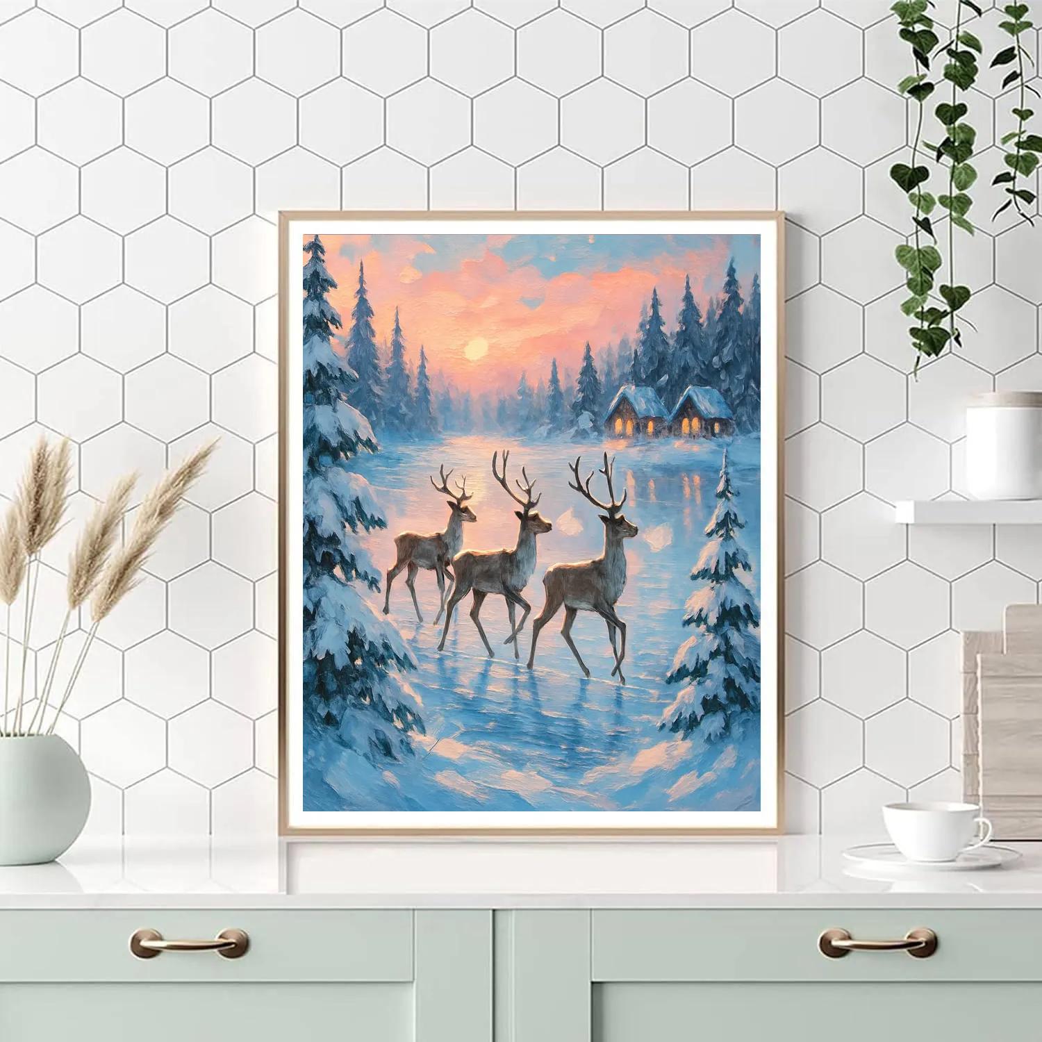 Reindeer Crossing The Frozen Lake Painting by numbers kit