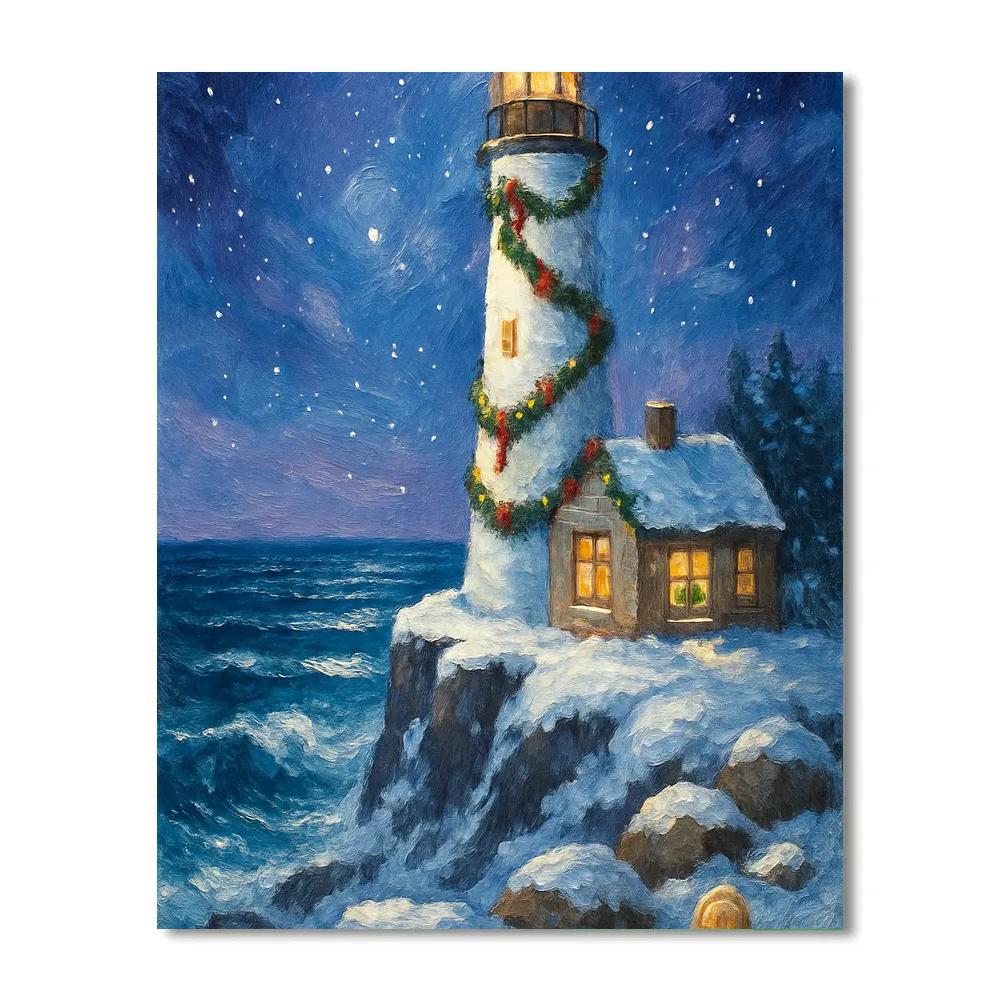 Christmas Lighthouse By The Sea Number painting