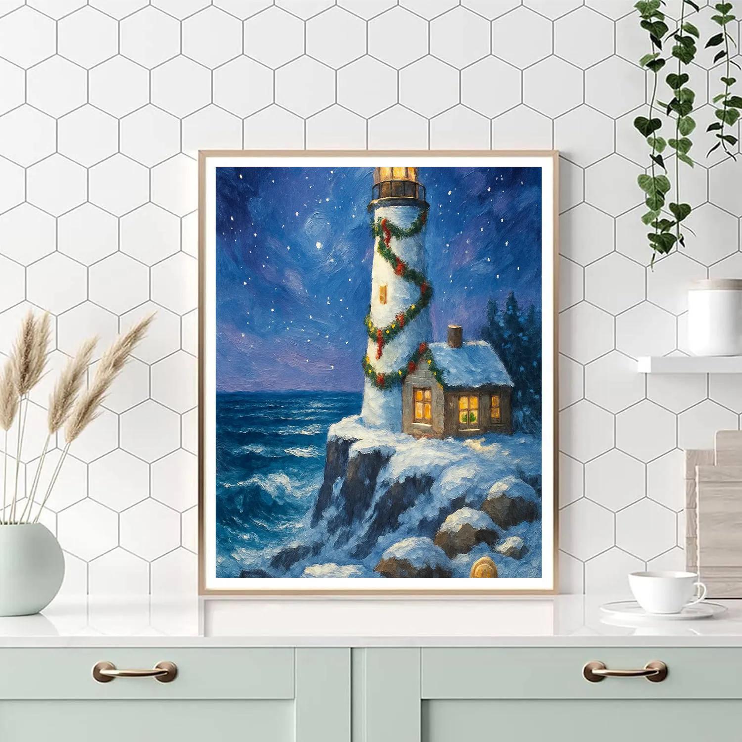 Christmas Lighthouse By The Sea Number painting