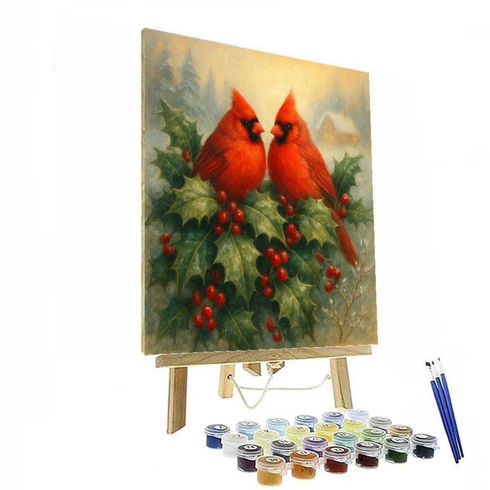 Winter Cardinals In The Holly Hedge paint by color