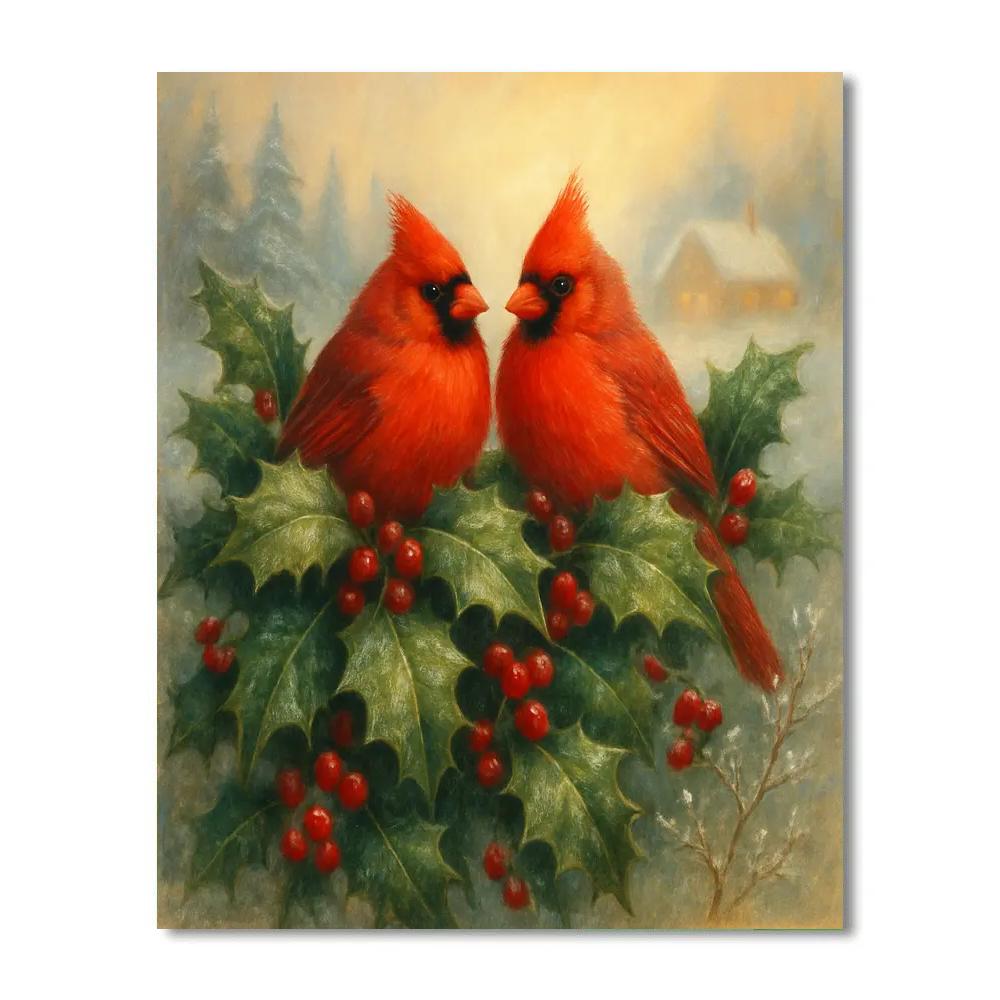 Winter Cardinals In The Holly Hedge paint by color