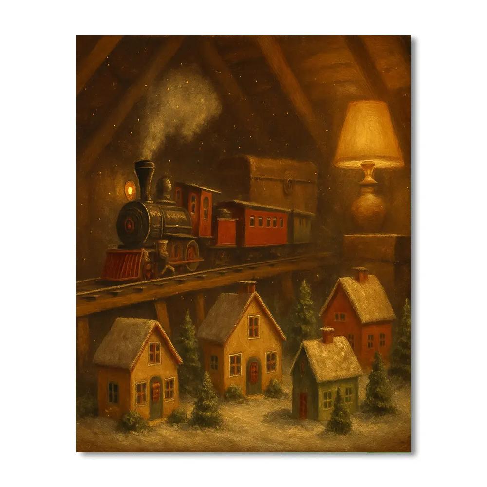 Christmas Train Set In The Attic painting number kit