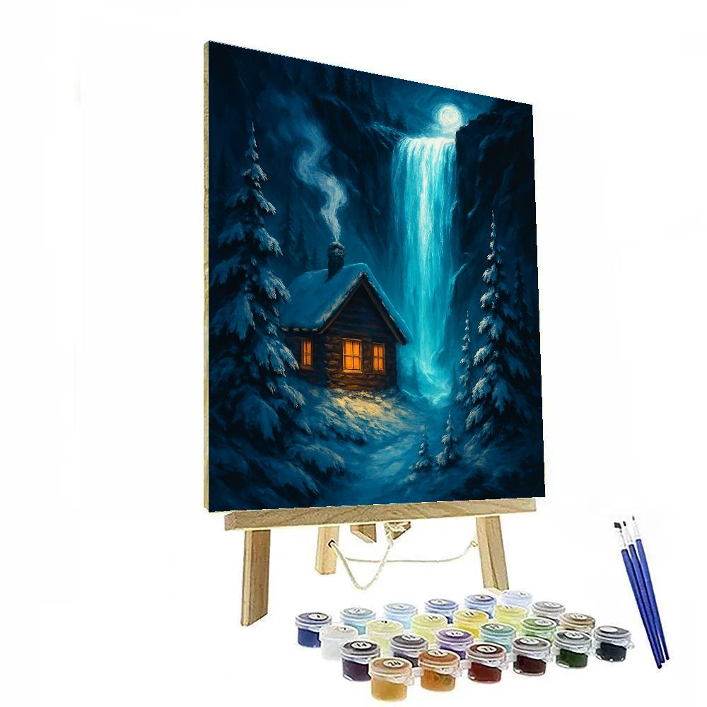 Christmas Cabin At The Frozen Waterfall Number painting
