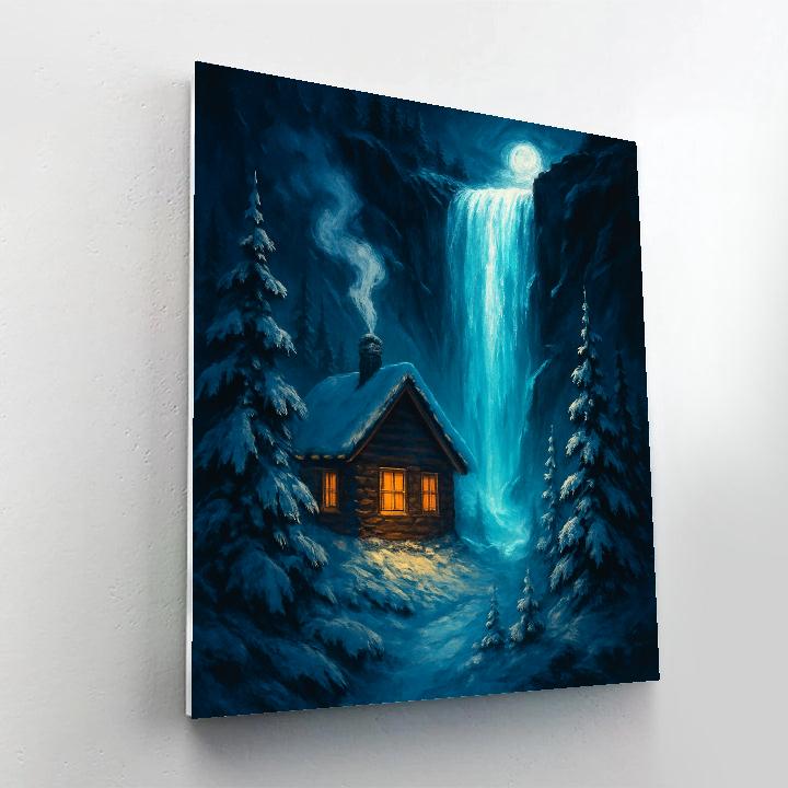 Christmas Cabin At The Frozen Waterfall Number painting