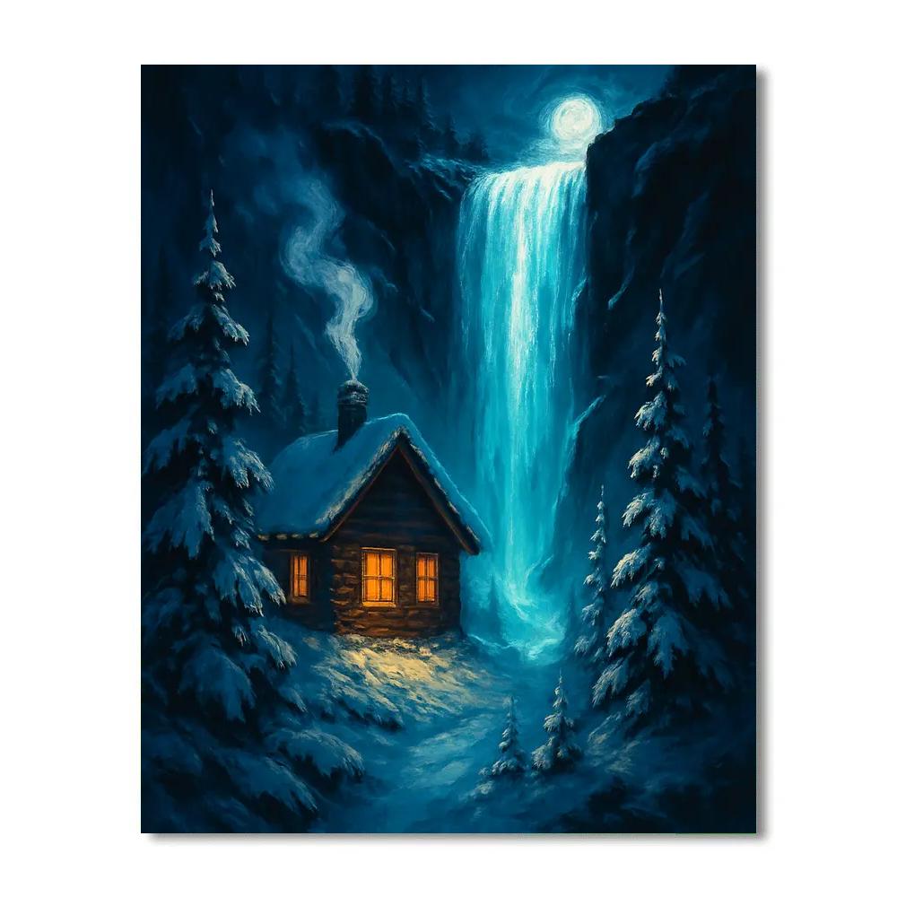 Christmas Cabin At The Frozen Waterfall Number painting