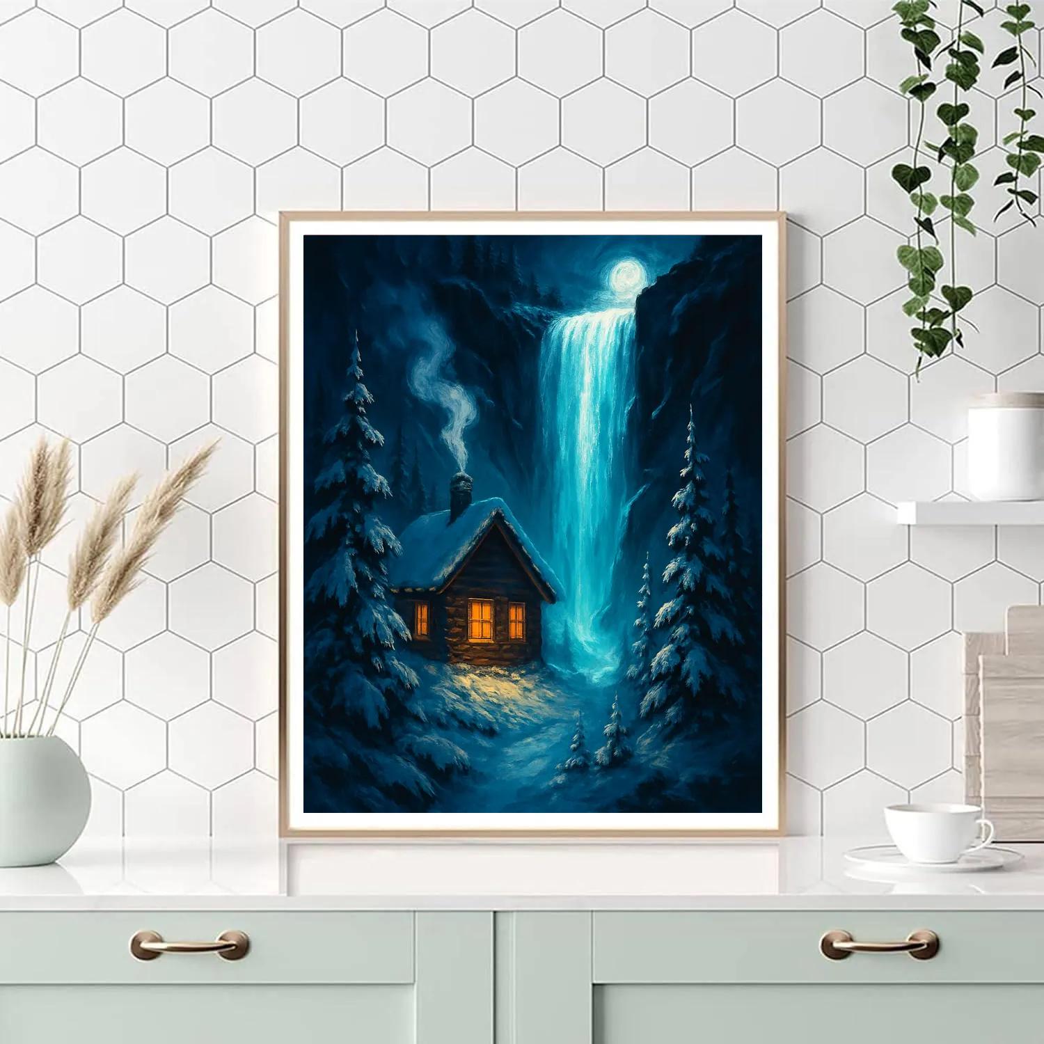 Christmas Cabin At The Frozen Waterfall Number painting