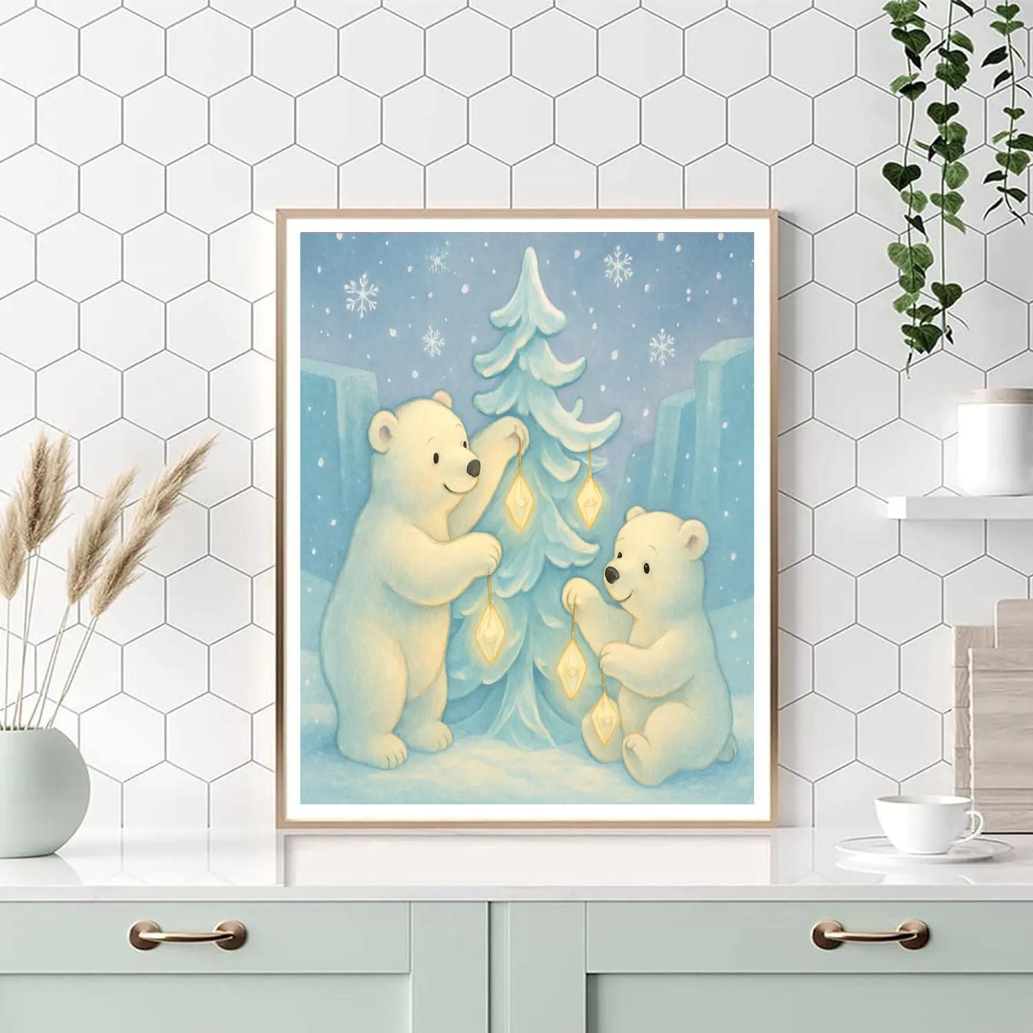 Polar Bears Decorating The Ice Tree paint by color