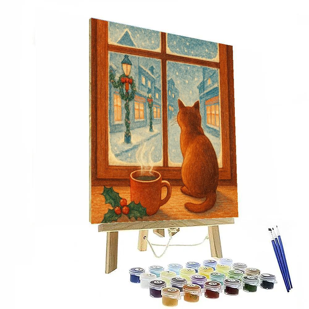 Snowy Window Cat And Christmas Street paint by color