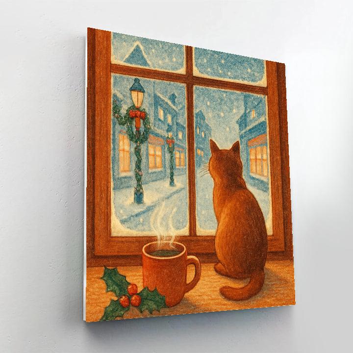 Snowy Window Cat And Christmas Street paint by color