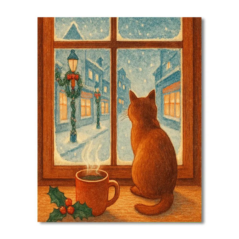Snowy Window Cat And Christmas Street paint by color