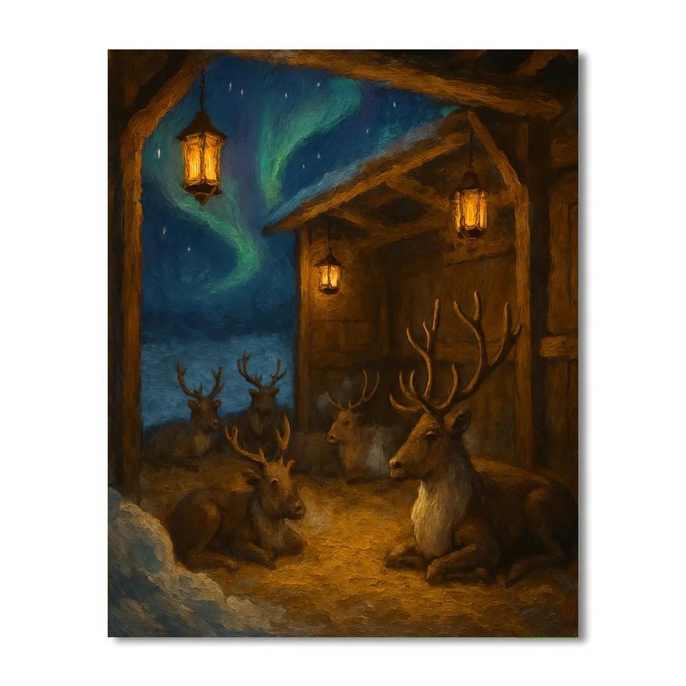 Reindeer Stable Under The Northern Sky Painting by numbers kit