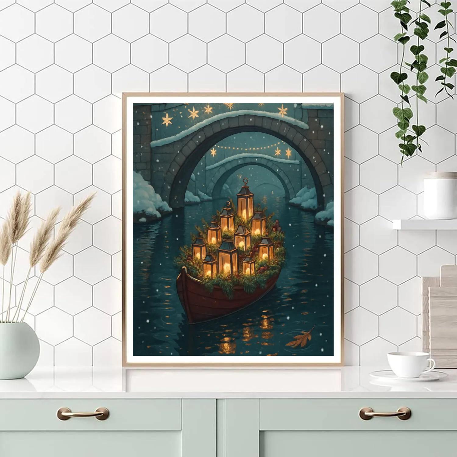 Christmas Lantern Boat On The Canal Painting by numbers kit