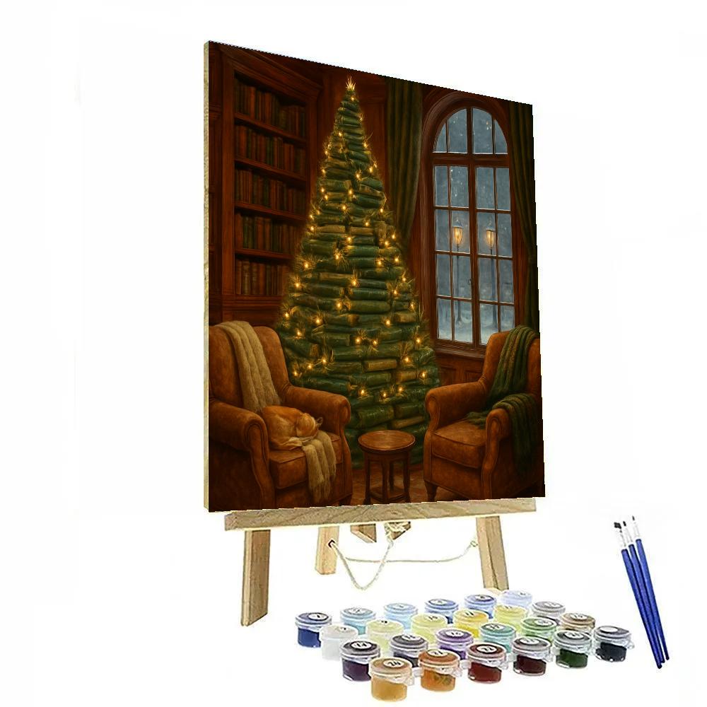 Christmas Library Tree Of Stacked Books painting number kit