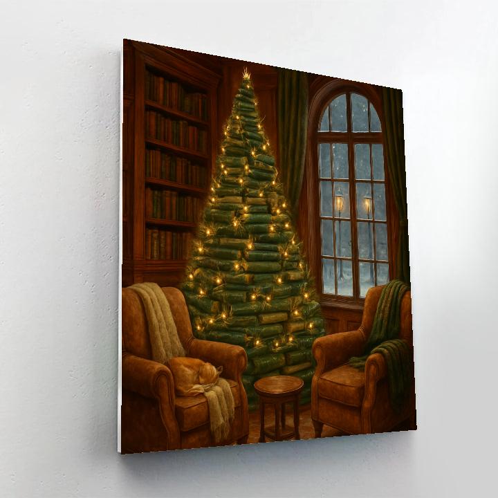 Christmas Library Tree Of Stacked Books painting number kit