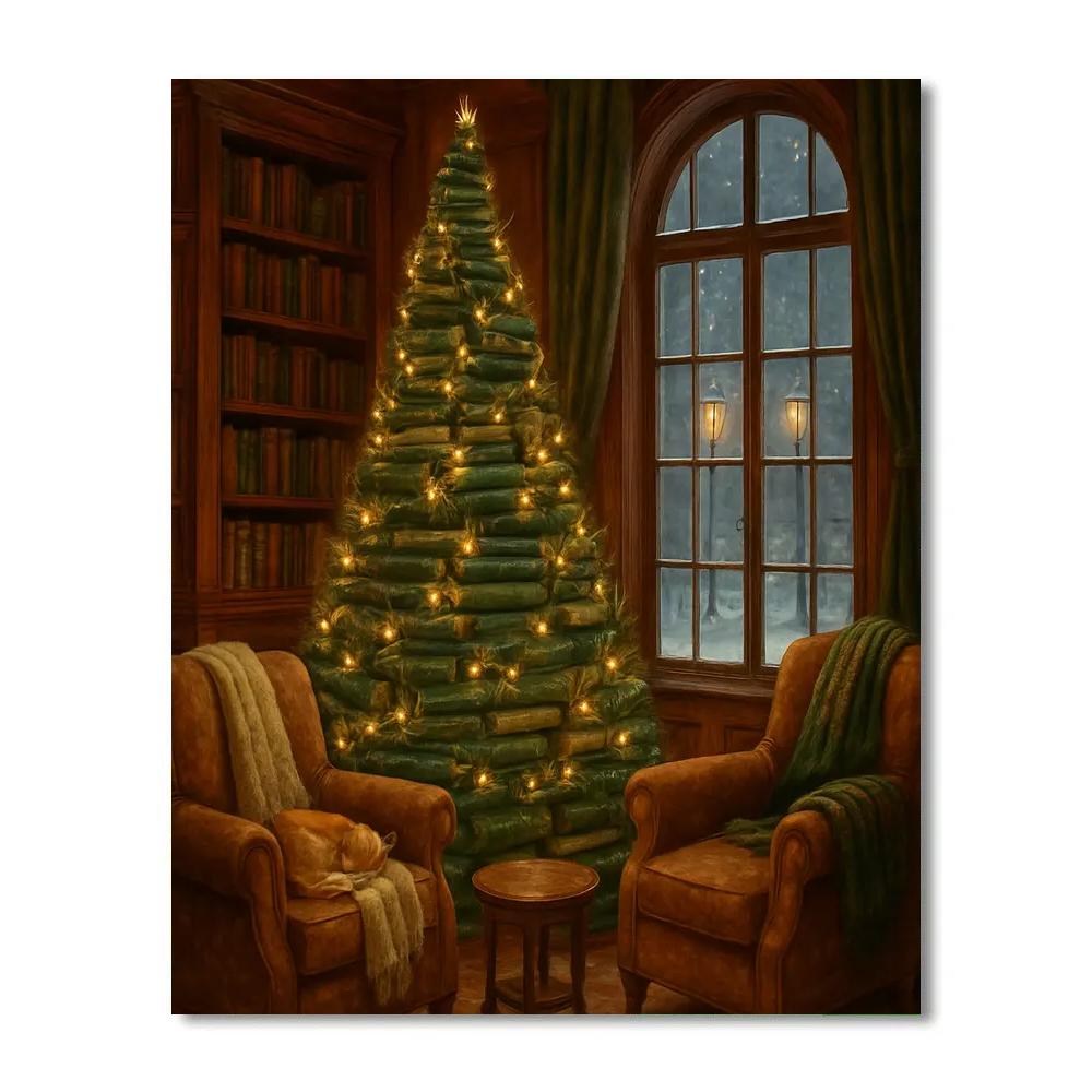Christmas Library Tree Of Stacked Books painting number kit