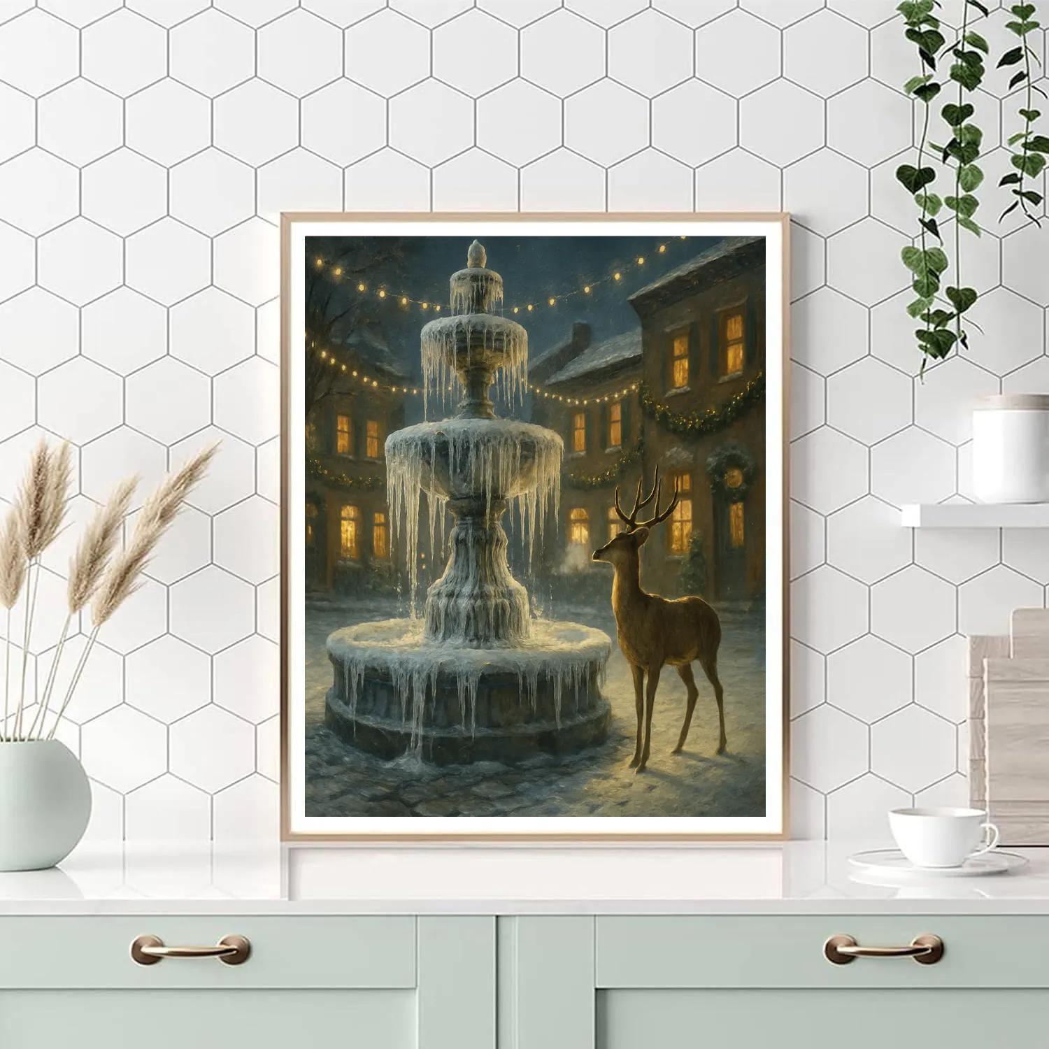 Christmas Deer At The Frozen Fountain Paint by numbers kits