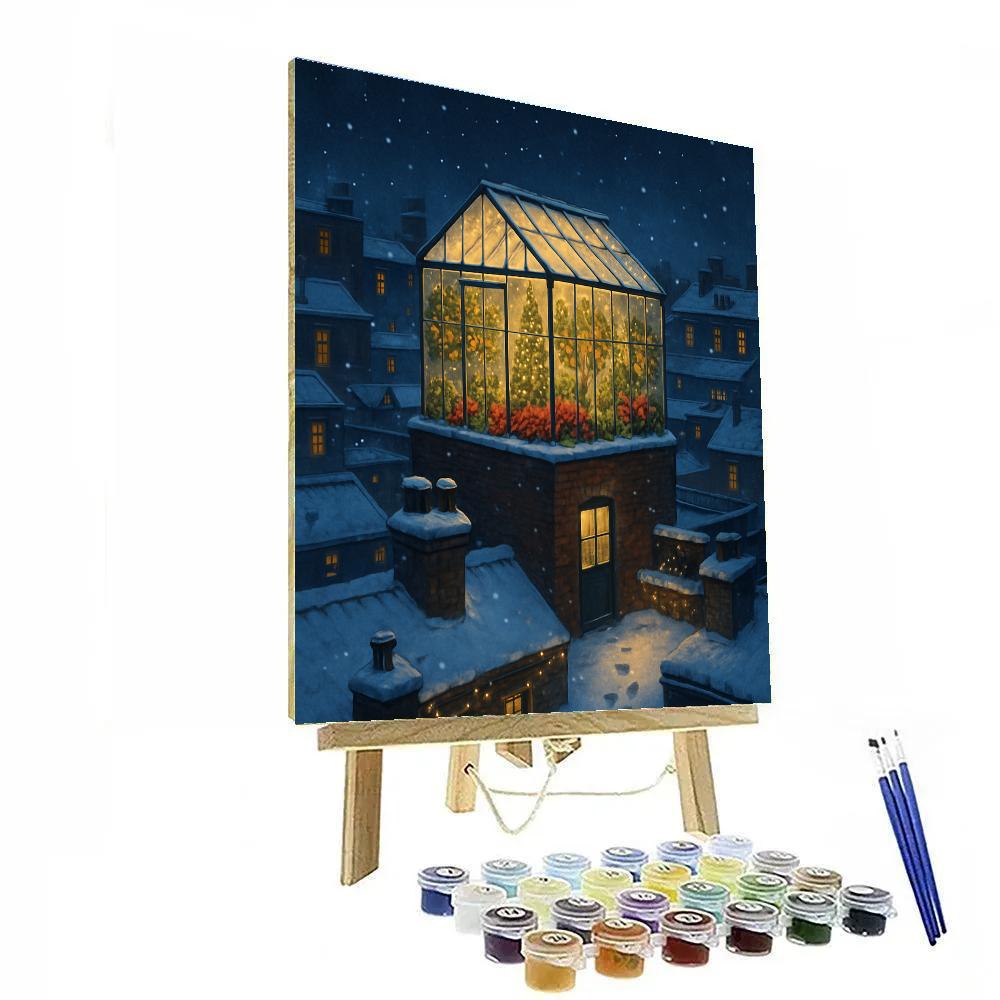 Christmas Rooftop Greenhouse Under Falling Snow Numbered painting kits